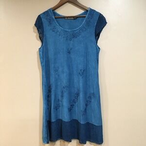 Raya Sun Embroidered Denim Chambray Shift Dress Womens M Blue Boho Hippie Beach